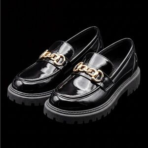 SHEIN Black Patent Loafers with Gold Chain Trim